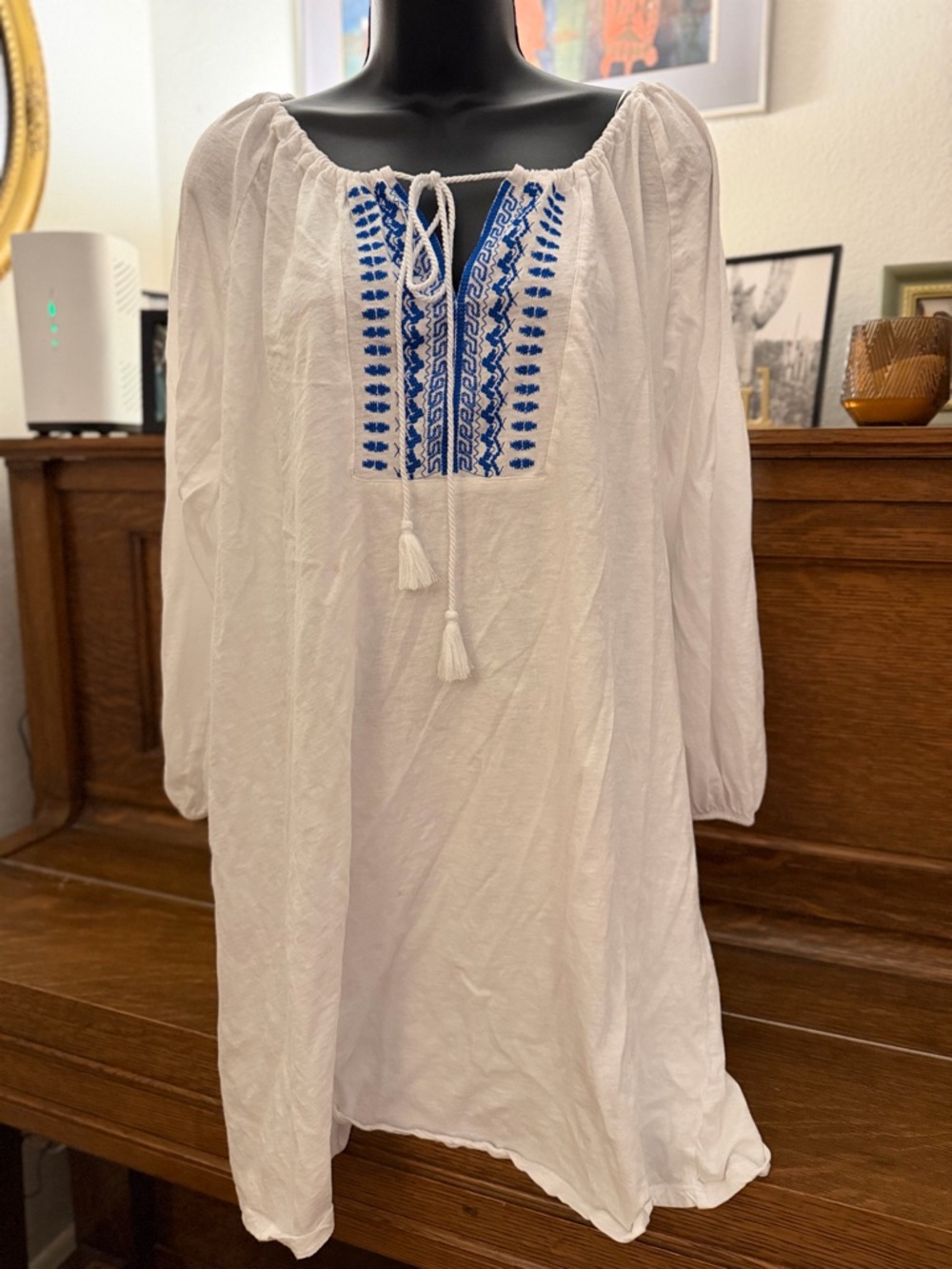 Ralph Lauren White Tunic Nightgown with Blue Embroidery